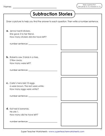 Concept Worksheets - Subtraction Stories (Printable PDF Worksheet)