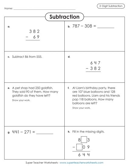 3-Digit Subtraction Worksheets - Subtraction Variety (3-digit) (Printable PDF Worksheet)