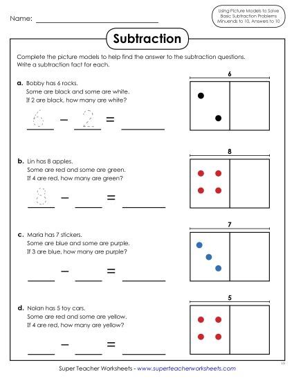 Concept Worksheets - Subtraction with Picture Models (Printable PDF Worksheet)