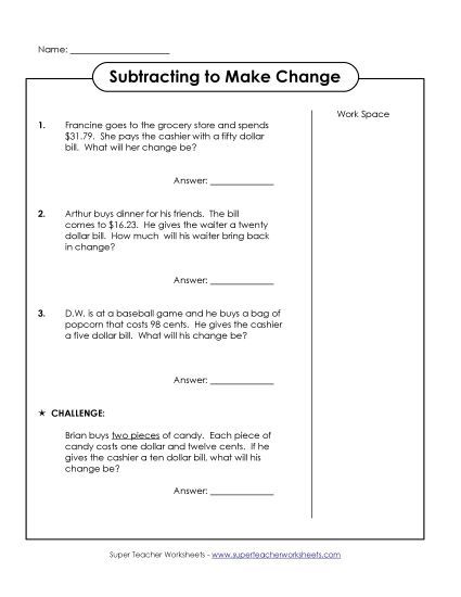 Level: Advanced $1.00 and Up - Subtraction Word Problems: Making Change (Advanced) (Printable PDF Worksheet)