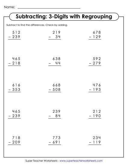 3-Digit Subtraction Worksheets - Subtraction Worksheet (3-digits / Regrouping) (Printable PDF Worksheet)
