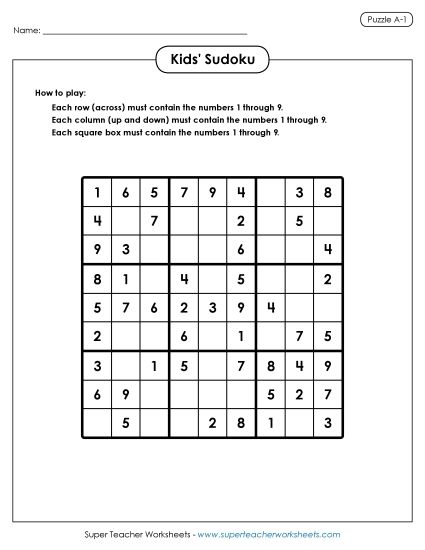 Sudoku for Kids Puzzle A-1 (Printable PDF Worksheet)
