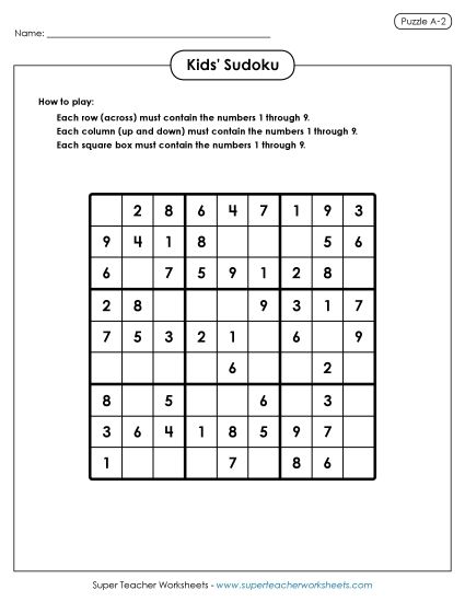 Sudoku for Kids Puzzle A-2 (Printable PDF Worksheet)
