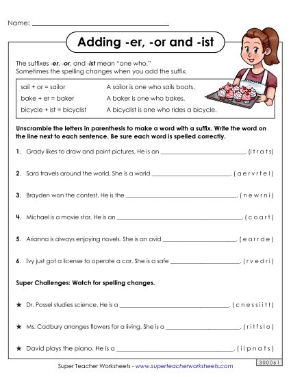Suffixes - Suffixes -er -or -ist (Printable PDF Worksheet)