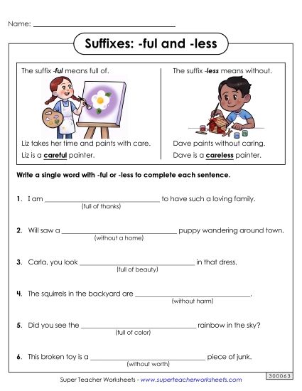 Suffixes - Suffixes -ful and -less (Printable PDF Worksheet)