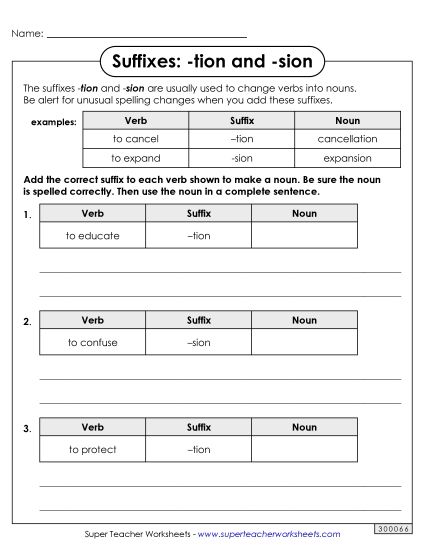 Suffixes - Suffixes -tion and -sion (Printable PDF Worksheet)