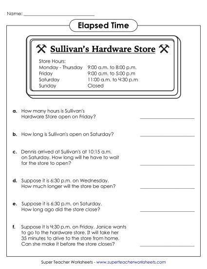 Elapsed Time: 5 Minute Increments - Sullivan's Hardware Store Time Activity (Printable PDF Worksheet)