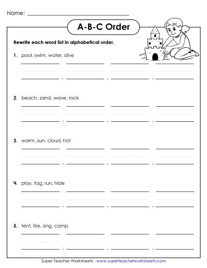Basic ABC Order (First Letter Only) - Summer ABC Order (Basic) (Printable PDF Worksheet)