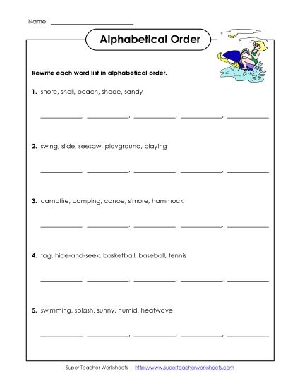 Intermediate ABC Order (Second & Third Letter) - Summer ABC Order (Intermediate) (Printable PDF Worksheet)