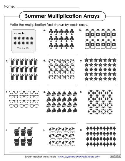 Summer Multiplication - Summer Multiplication Arrays (Printable PDF Worksheet)
