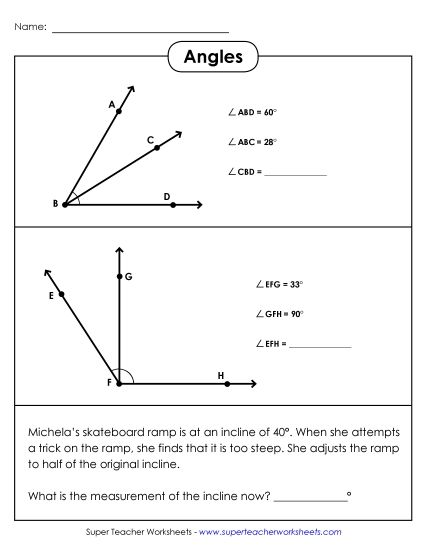 Adding Angles Worksheets - Summing Adjacent Angles (Printable PDF Worksheet)