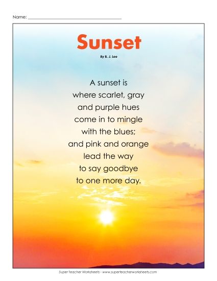 Poems - Sunset (Poem) (Printable PDF Worksheet)