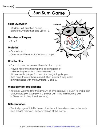 Sum Game - Sunshine Sum Game (Printable PDF Worksheet)