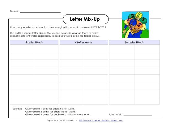 Puzzles & Brain Teasers - Super Bowl Letter Mix-Up (Intermediate) (Printable PDF Worksheet)