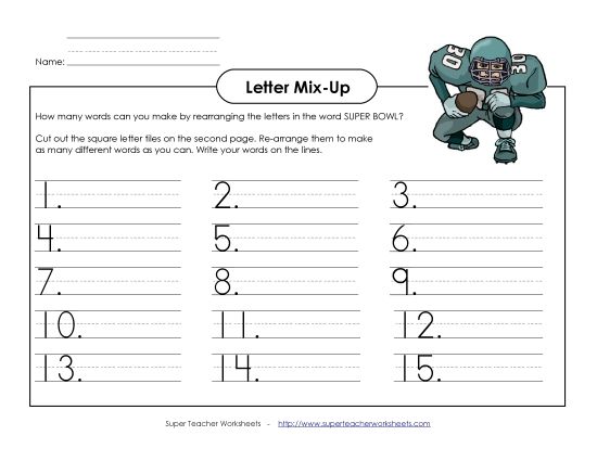Puzzles & Brain Teasers - Super Bowl Letter Mix-Up (Primary) (Printable PDF Worksheet)