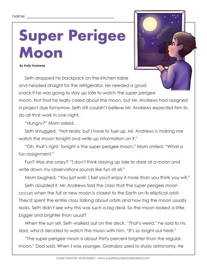 Fiction Stories - Super Perigee Moon (Printable PDF Worksheet)