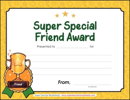 Kids Create Their Own Awards - Super Special Friend Award (Printable PDF Worksheet)