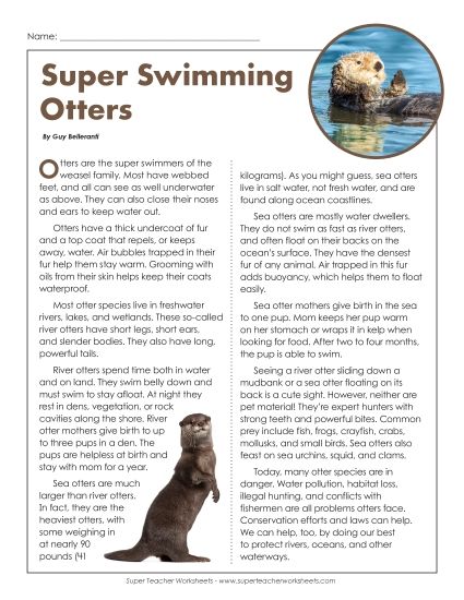 Nonfiction Articles - Super Swimming Otters (Printable PDF Worksheet)