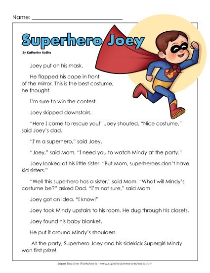 Fiction - Superhero Joey (Printable PDF Worksheet)