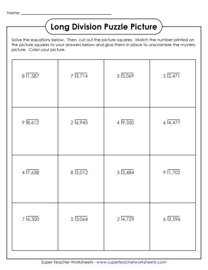 4-Digit Dividends - Superhero Themed Division Picture Puzzle (Printable PDF Worksheet)