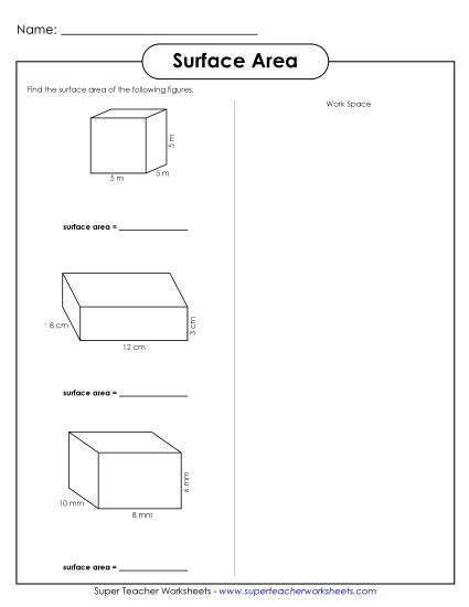 Level: Basic (Rectangular Prisms & Cubes Only) - Surface Area 2 (Basic) (Printable PDF Worksheet)