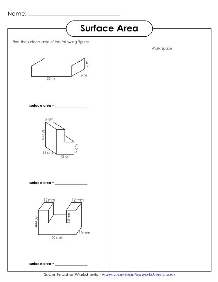 Level: Intermediate (Rectangular & Rectilinear Prisms) - Surface Area 2 (Intermediate) (Printable PDF Worksheet)