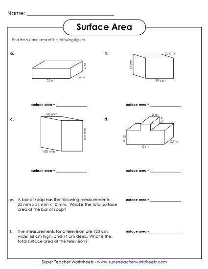Level: Intermediate (Rectangular & Rectilinear Prisms) - Surface Area 3 (Intermediate) (Printable PDF Worksheet)