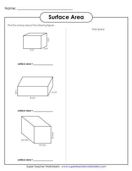 Level: Basic (Rectangular Prisms & Cubes Only) - Surface Area (Basic) (Printable PDF Worksheet)
