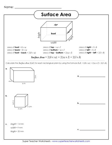 Level: Basic (Rectangular Prisms & Cubes Only) - Surface Area (Formula) (Printable PDF Worksheet)
