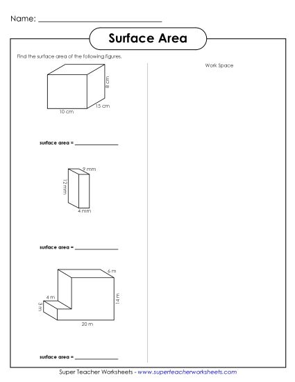 Level: Intermediate (Rectangular & Rectilinear Prisms) - Surface Area (Intermediate) (Printable PDF Worksheet)