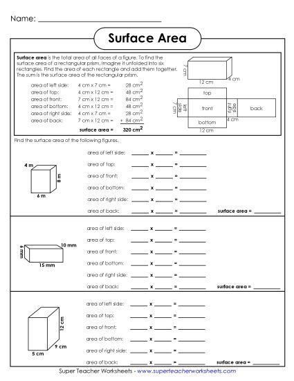 Level: Basic (Rectangular Prisms & Cubes Only) - Surface Area: Introduction (Printable PDF Worksheet)