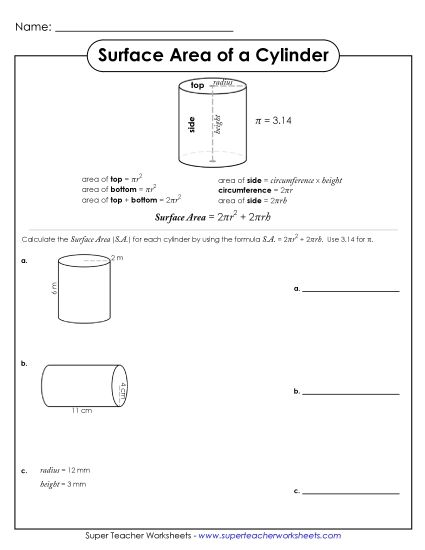 Level: Advanced (Pyramids, Cylinders, Prisms, Spheres) - Surface Area of a Cylinder (Printable PDF Worksheet)
