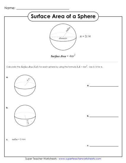 Level: Advanced (Pyramids, Cylinders, Prisms, Spheres) - Surface Area of a Sphere (Printable PDF Worksheet)