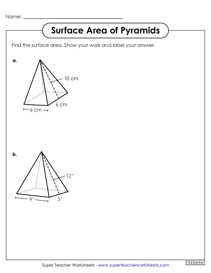 Level: Advanced (Pyramids, Cylinders, Prisms, Spheres) - Surface Area of Pyramids (Printable PDF Worksheet)