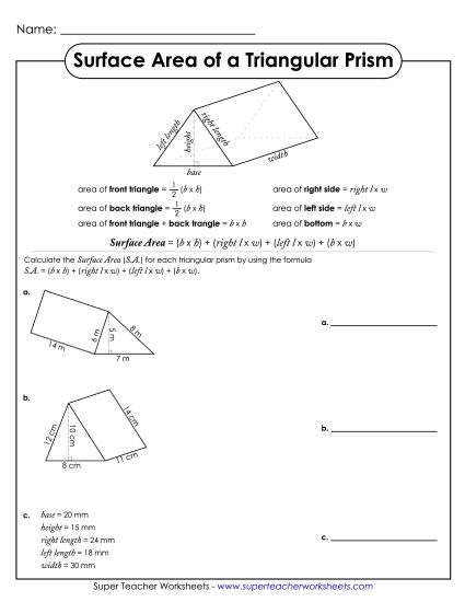 Level: Advanced (Pyramids, Cylinders, Prisms, Spheres) - Surface Area of Triangular Prisms (Printable PDF Worksheet)