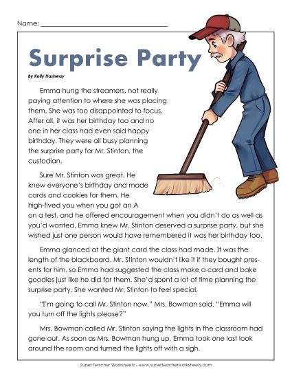 Fiction Stories - Surprise Party (Fiction) (Printable PDF Worksheet)