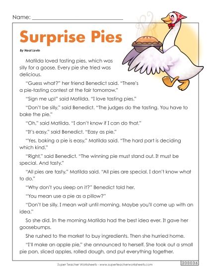 Fiction Stories - Surprise Pies (Printable PDF Worksheet)
