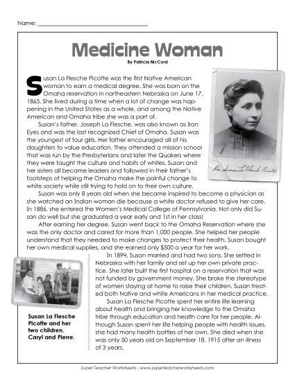 Susan La Flesche Picotte (Printable PDF Worksheet)