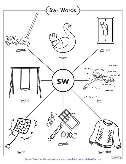 Phonics Blends and Digraphs - Sw- Words (Printable PDF Worksheet)