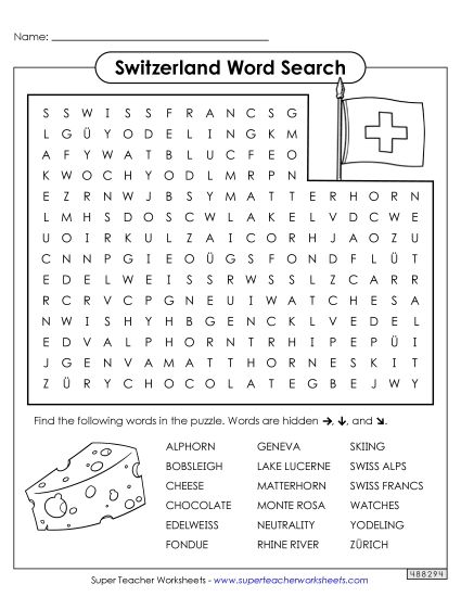 Puzzles - Switzerland Word Search (Printable PDF Worksheet)