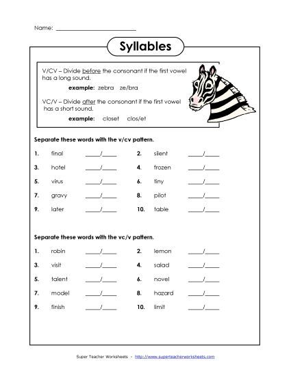 Syllables VCV (Printable PDF Worksheet)