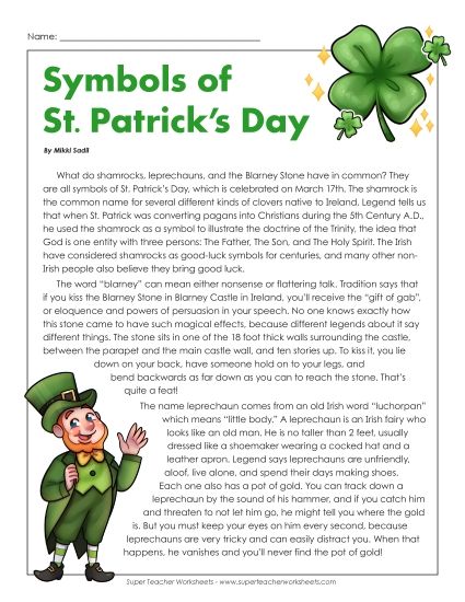 Reading & Writing - Symbols of St. Patrick's Day (Printable PDF Worksheet)