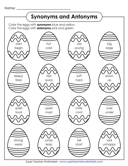 Grammar & Vocabulary - Synonym and Antonym Eggs (Printable PDF Worksheet)
