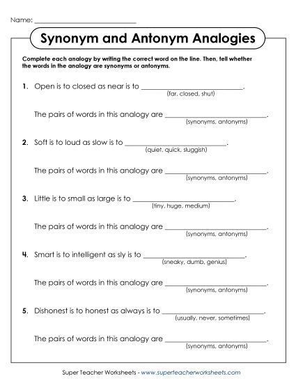 Mixed Synonyms & Antonyms - Synonym & Antonym Analogies (Printable PDF Worksheet)