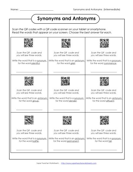 ELA - Synonyms and Antonyms (Intermediate) (Printable PDF Worksheet)