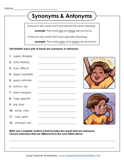 Mixed Synonyms & Antonyms - Synonyms and Antonyms Worksheet (Printable PDF Worksheet)
