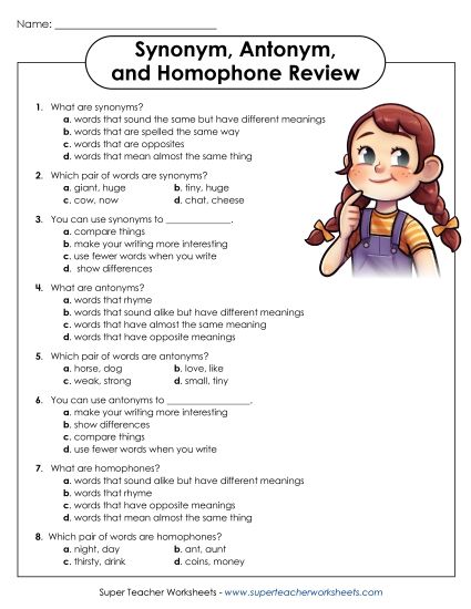 Mixed Synonyms & Antonyms - Synonyms, Antonyms, Homophones Review (Printable PDF Worksheet)