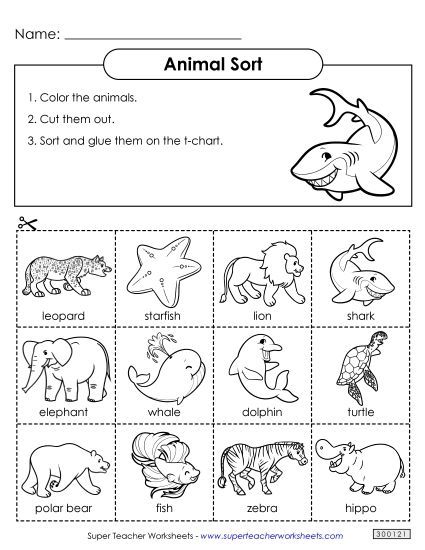 Worksheets & Activities - T-Chart Sort: Ocean & Zoo Animals (Printable PDF Worksheet)