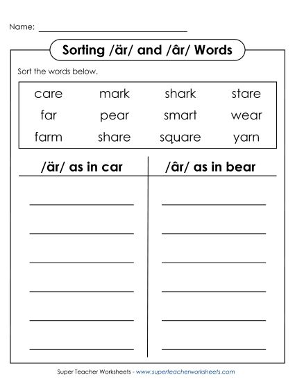 Two Sounds of <i>ar</i> /är/ and /âr/ - T-chart Sorting Activity: /är/ as in car & /âr/ as in bear (Printable PDF Worksheet)