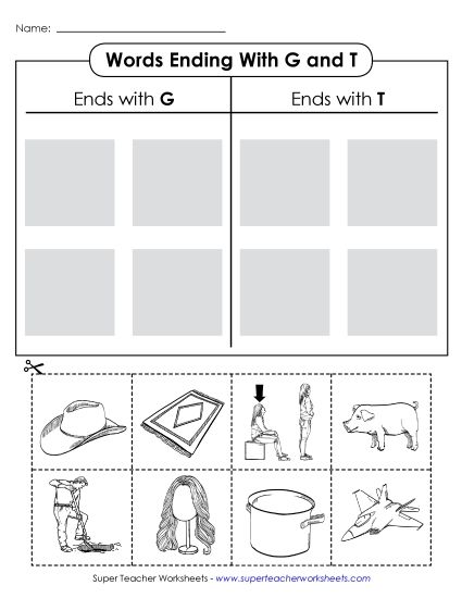 T-Chart: Words Ending with G and T (Printable PDF Worksheet)
